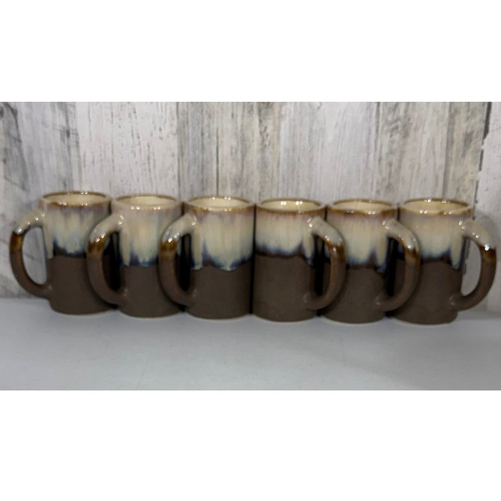 Rodolfo Padilla‎ Stoneware Mug Set of 6 Brown Cream Blue Drip Glaze Round